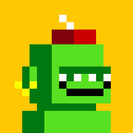 A pixel art rendering of a green character wearing sunglasses with a small red and white detail on top, set against a yellow background.