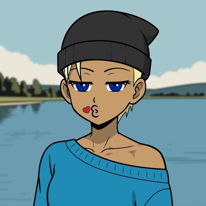 A blonde-haired character wearing a black beanie and an off-shoulder blue top makes a playful pouty face with a red heart near their lips, set against a serene lake backdrop with trees and distant hills, evoking the dramatic, intense emotion suggested by the "$Tatakae" (meaning "fight" in Japanese) reference.