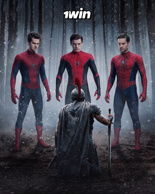 A Roman warrior kneels before three Spider-Man figures (Tobey Maguire, Andrew Garfield, and Tom Holland) in a snowy forest, with "1win" displayed at the top, promoting a movie-themed prediction game about highest-grossing films.