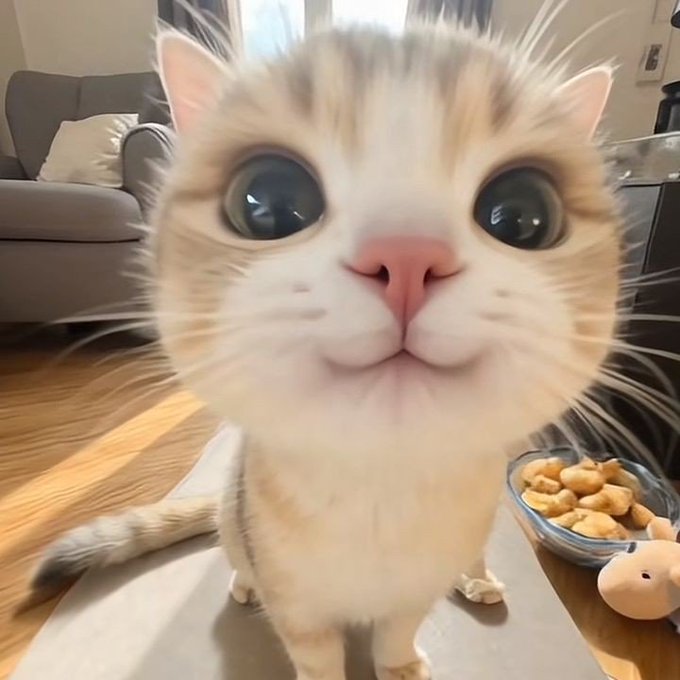 A fluffy white and orange kitten with big, wide eyes looks up at the camera, sitting near a bowl of treats, perfectly capturing the cozy, relaxed vibe of a much-needed "Taco Tuesday" rest day after a stressful week.