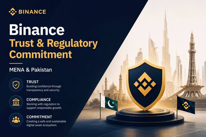 A promotional graphic for Binance titled "Trust & Regulatory Commitment - MENA & Pakistan," featuring the Binance logo on a shield alongside the Pakistan flag, with silhouettes of Middle Eastern landmarks like the Burj Khalifa in the background, highlighting three pillars: Trust, Compliance, and Commitment. The visual reinforces the post's message about building trust in digital assets through transparency, regulatory collaboration, and long-term commitment to responsible growth in the MENA and Pakistan markets.