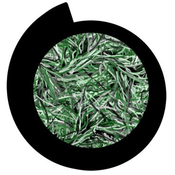 An abstract logo or graphic features a black circular shape with a green and white textured interior pattern resembling overlapping grass blades or brushstrokes.