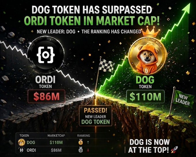 A promotional graphic announcing that the DOG token ($110M market cap) has surpassed the ORDI token ($86M market cap) to become the new leader, featuring Shiba Inu imagery and a rising green arrow.