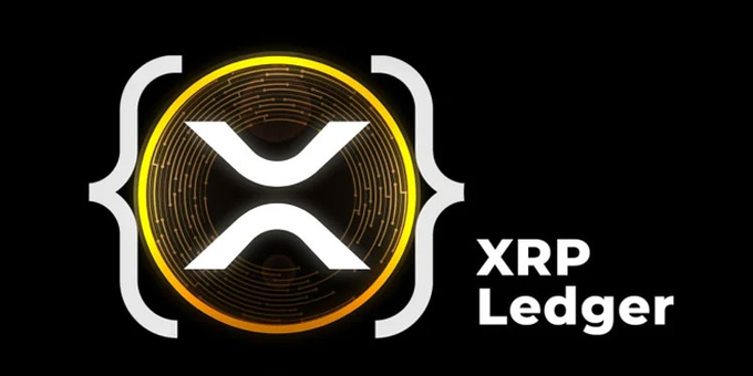 Logo for XRP Ledger featuring a gold and black circular emblem with the stylized XRP symbol, displayed against a black background with the text "XRP Ledger" on the right.