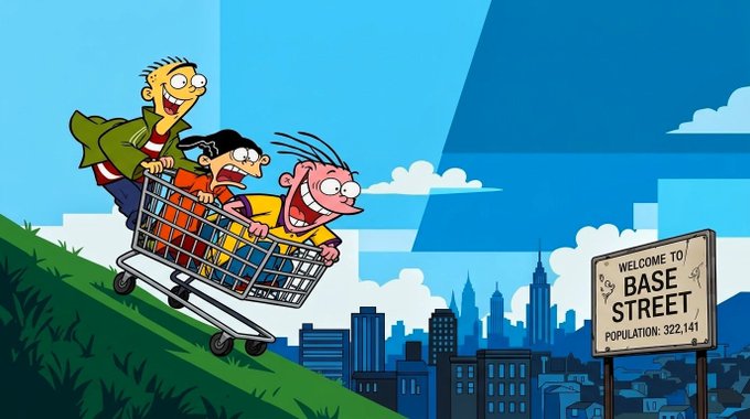 A cartoon illustration depicting three characters (including Ed from Ed, Edd n Eddy) riding a shopping cart down a hill toward a city, with a sign reading 'WELCOME TO BASE STREET, POPULATION: 322,141'.