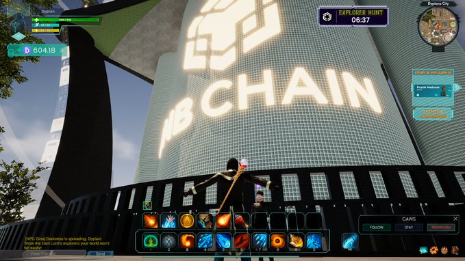The image shows a person standing at the base of a large building with the words "@BNBCHAIN HQ" written on its side, indicating that this location is a landmark or a significant place within the game. The player's character is equipped with various items and weapons, suggesting they are in an active role within the game. The post also mentions that the game is powered by $WOD, which could be related to the game's mechanics or the overall gameplay experience.