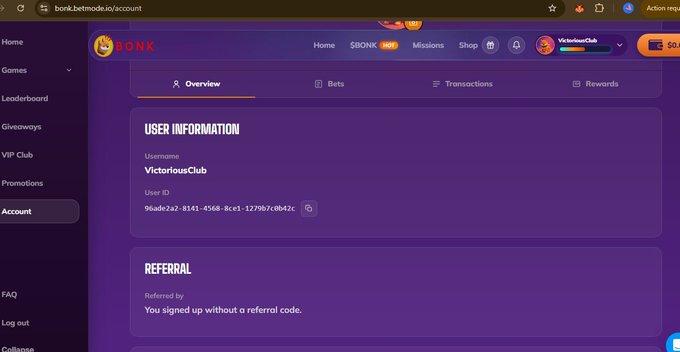 A user account dashboard on the BONK website for the username "VictoriousClub," displaying user ID and referral information, though some text in the header is censored with a redaction mark.
