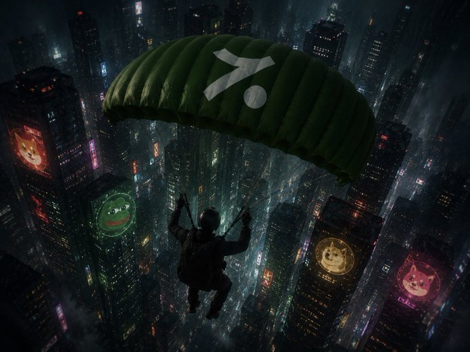 A dark, atmospheric digital artwork showing a person parachuting over a cyberpunk cityscape with an XL (symbol-based) parachute and various meme coin logos on billboards below.