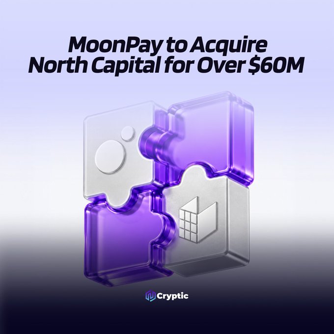 The image features a 3D illustration of four interlocking puzzle pieces in translucent purple and clear glass, symbolizing the merger between the two companies, with the headline "MoonPay to Acquire North Capital for Over $60M" displayed above and the "Cryptic" logo at the bottom.