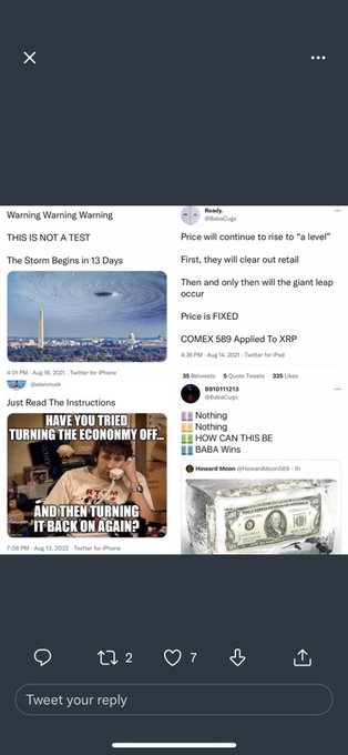 A Twitter/X post displays conspiracy-themed tweets, including 'Warning Warning Warning THIS IS NOT A TEST' with a storm image, 'Price will continue to rise to "a level"' by @BakzCopp1 about COMEX 589, and 'HAVE YOU TRIED TURNING THE ECONOMY OFF' from @alanmcpg, alongside Howard Moone's tweet 'HOW CAN THIS BE'.