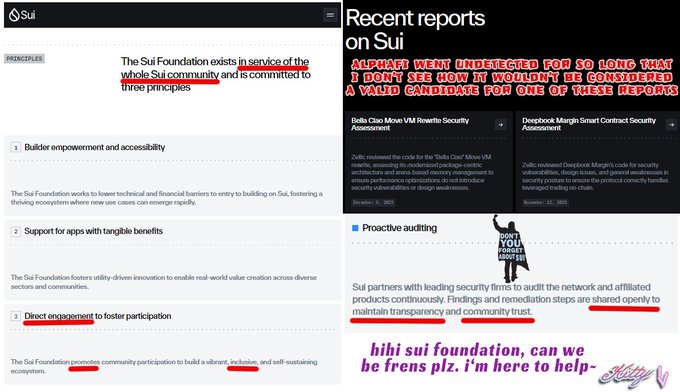 The image displays a screenshot from the Sui Foundation website highlighting its three core principles—"Builder empowerment and accessibility," "Support for apps with tangible benefits," and "Direct engagement to foster participation"—alongside a "Recent reports on Sui" section. Handwritten annotations in red and purple emphasize the foundation's commitment to transparency and community trust, with a note arguing that the Sui Foundation's principles should compel them to investigate the AlphaFi issue rather than dismiss it.