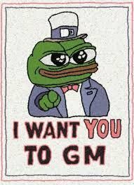 The image features a cartoon frog wearing a top hat, with its face looking directly at the camera. The background of the image is white, which contrasts nicely with the green color of the frog's skin. Below the frog, there is text that reads "I want you to GM." This message seems to be related to the cartoon frog and possibly promotes an event or gathering involving a character from the cartoon series.