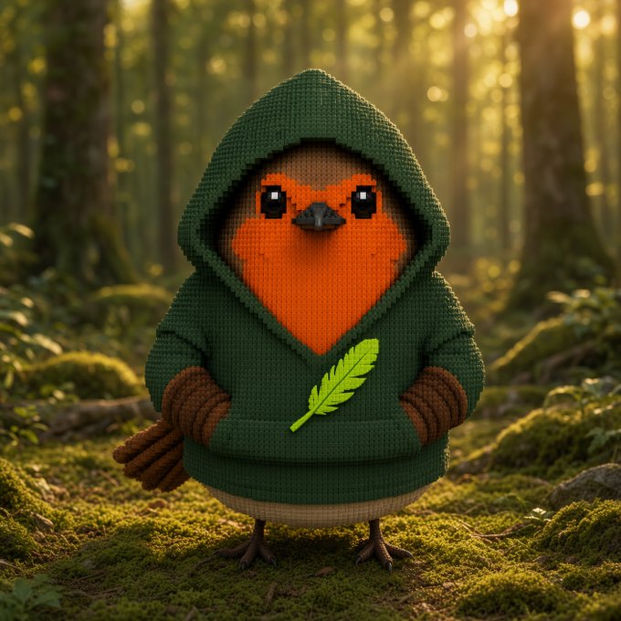 A cute robin character wearing a knitted green hoodie with a leaf emblem stands on mossy ground in a sunlit forest, rendered in a stylized crochet aesthetic.
