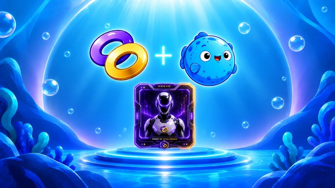 The image depicts a vibrant underwater-themed promotional graphic featuring two interlocking golden rings, a blue blob-like character (representing BLOBА), and a plus sign above a glowing purple NFT card labeled "KNOVO," which showcases a futuristic astronaut figure. The scene is set against a bright blue aquatic background with bubbles and coral, visually highlighting the BLOBА × KNOVO partnership giveaway mentioned in the post.
