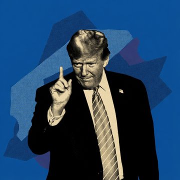 The image shows Donald Trump in front of a blue background with abstract shapes. It visually represents the news that his financial disclosure reveals over $100 million in Bitcoin and Ether holdings.