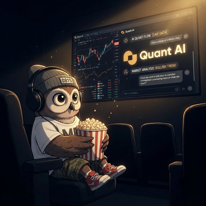 A cartoon owl wearing a beanie and headphones sits in a theater seat holding popcorn, watching a screen displaying 'Quant AI' with a bullish trend market analysis chat.