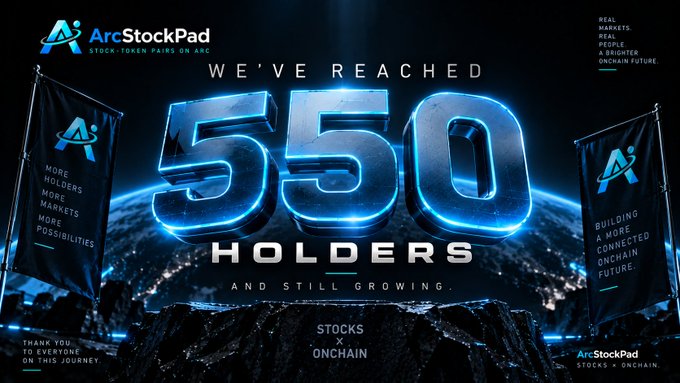 A promotional graphic for 'ArcStockPad' announces reaching '550 HOLDERS' with the tagline 'STOCKS ONCHAIN' against a backdrop of Earth from space and dark banners.