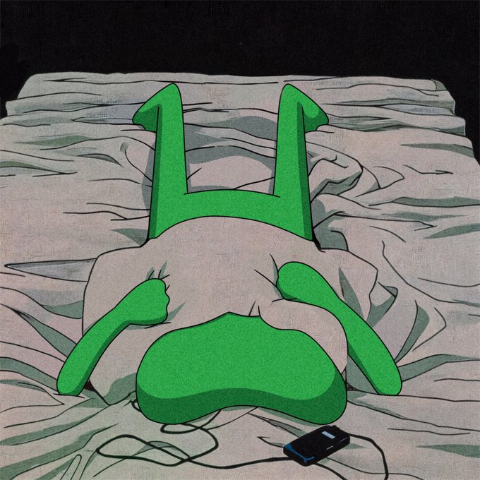 An illustration of a green figure wearing a hoodie, lying face-down in bed with phone charger cables draped across the sheets, suggesting exhaustion or depression.