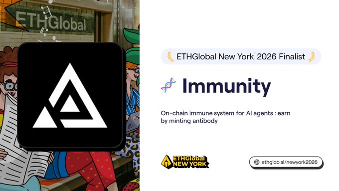 The image shows the "Immunity" project, an on-chain immune system for AI agents, which was an ETHGlobal New York 2026 Finalist and features the ARKIV logo. This visually highlights the "ARKIV" project mentioned in the accompanying text, as it deals with data retention and verification, essential for an on-chain immune system.