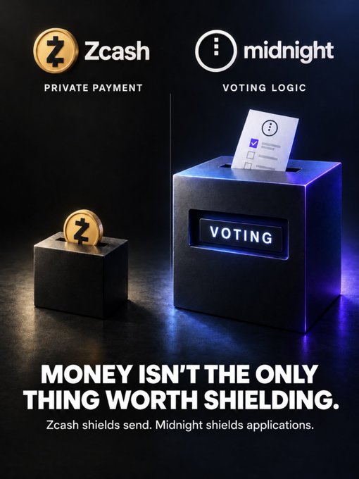 A split-screen visual pairs a gold "Z" coin labeled "Zcash PRIVATE PAYMENT" on the left with a blue-lit "VOTING" ballot box labeled "midnight VOTING LOGIC" on the right, captioned "MONEY ISN'T THE ONLY THING WORTH SHIELDING. Zcash shields send. Midnight shields applications." The image reinforces the post's message by visually contrasting Zcash's privacy for payments with Midnight's privacy for programmable use cases like voting, elections, DAOs, governance, and prediction markets under the $NIGHT token.