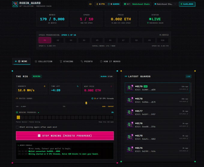 A screenshot of a 'ROBIN_GUARD' NFT collection dashboard showing 179/5,000 mined, epoch 1/10, and price of 0.002 ETH with mining controls and recent guard listings.