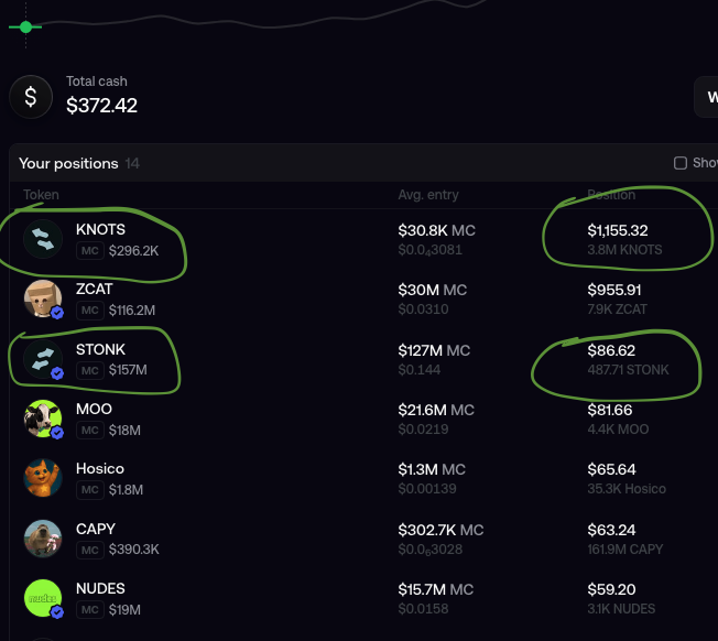 A crypto portfolio dashboard showing a total cash value of $372.42 and 14 positions, with KNOTS ($1,155.32) and STONK ($86.62) highlighted with green circles.