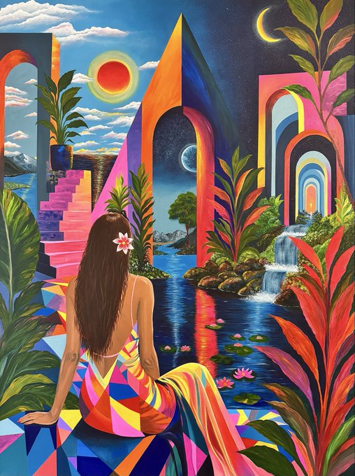 A woman with long hair sits beside a surreal landscape blending a sunlit sky and starry cosmos, surrounded by colorful geometric arches, lush tropical foliage, a cascading waterfall, and geometric lily pads. The dreamy, otherworldly imagery evokes the unexpected, magical nature of forming deep friendships across great distances, mirroring how the bond formed through Web3 transcends physical separation.