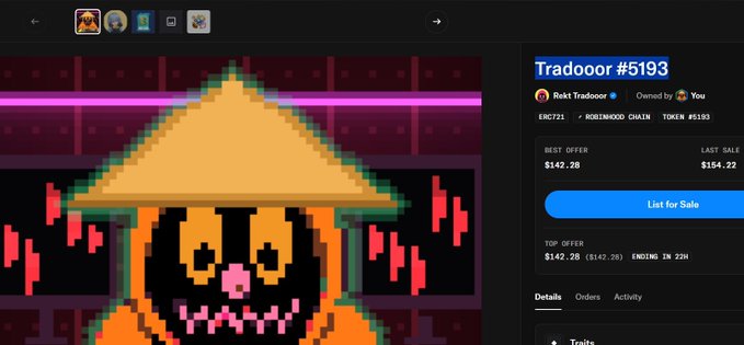 A pixel art character wearing a yellow conical hat, known as Tradooor #5193, is displayed alongside its NFT marketplace listing, which shows a best offer of $142.28 ETH against a last sale of $154.22, with "Listed for Sale" by the owner who recently acquired the NFT.