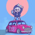 A small chibi-style cartoon character with headphones standing on top of a pink car with 'SK8' written on it, set against a blue background with a pink sun.