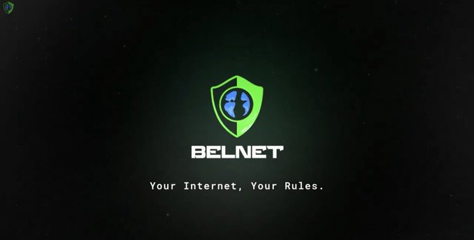 A minimalist logo design for "BELNET" featuring a green shield containing a blue globe, accompanied by the tagline "Your Internet, Your Rules." on a dark background.