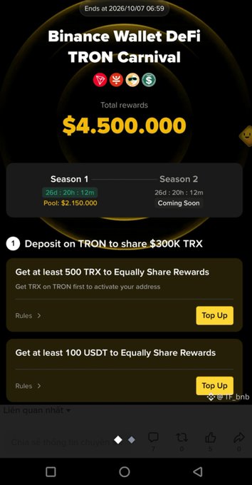 Screenshot of the Binance Wallet DeFi TRON Carnival promotion showing $4,500,000 in total rewards, with a $2,150,000 Season 1 pool for depositing TRX or USDT.