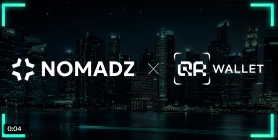 A promotional graphic showing the logos for 'NOMADZ × QR WALLET' displayed over a dark, stylized cityscape background with cyan frame accents.