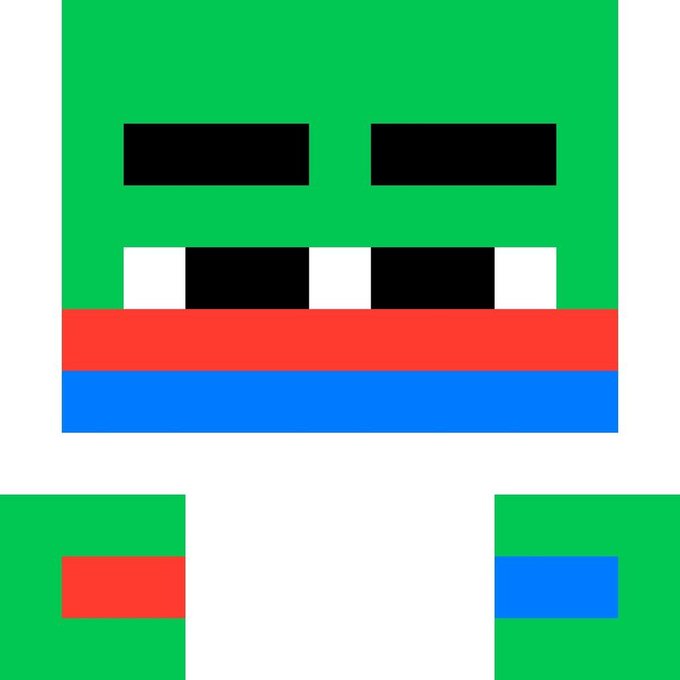A pixel-art style green character face with black rectangular eyes, a mouth showing blocky teeth, and red and blue horizontal bands below, resembling a blocky mascot or emoticon.