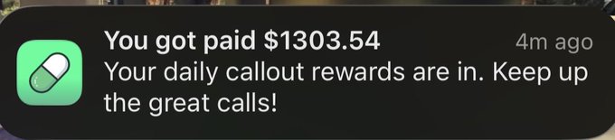A smartphone notification from Pumpfun reads "You got paid $1303.54" with the message "Your daily callout rewards are in. Keep up the great calls!" — celebrating the user's earnings from the platform referenced in the post about Pumpfun changing their life.