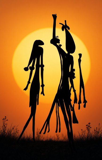 A silhouetted artwork showing tall, stylized elongated figures dancing or interacting in a field against a large orange sunset.