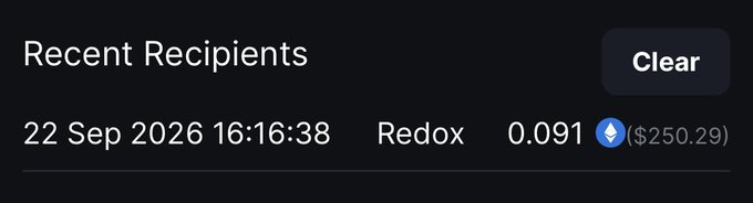 A "Recent Recipients" panel displays a transaction dated 22 Sep 2026 16:16:38 for 0.091 ETH (~$250.29) sent to "Redox," indicating a recent crypto transfer—likely a prize payout celebrating the user's win.