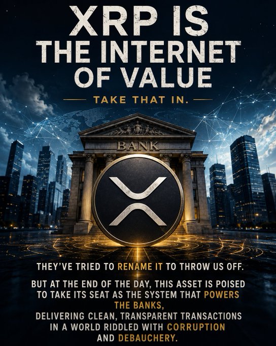 A promotional graphic for XRP cryptocurrency with bold text declaring "XRP IS THE INTERNET OF VALUE — TAKE THAT IN," featuring a central XRP coin in front of a bank building and city skyline.