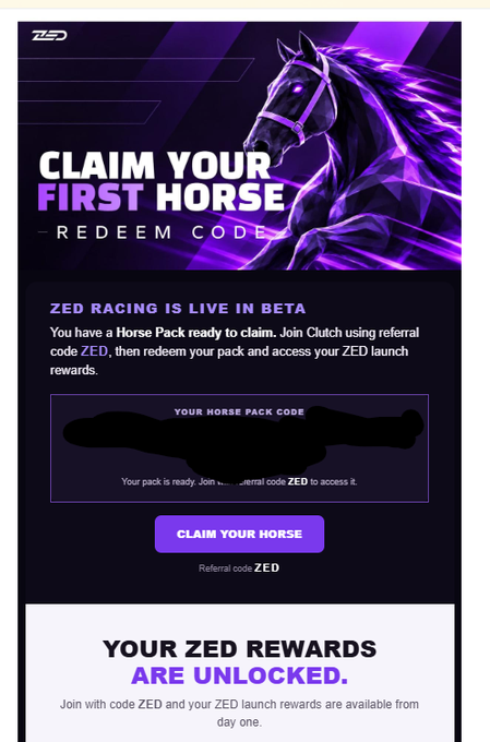 Promotional graphic for ZED Racing beta launch featuring a purple geometric horse illustration with text 'CLAIM YOUR FIRST HORSE — REDEEM CODE' and a referral code 'ZED' to claim a horse pack.