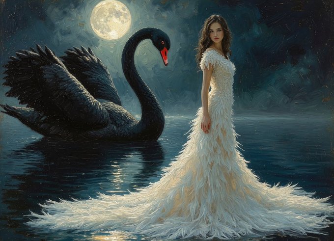 An oil painting depicting a woman in a flowing white feather-like gown standing beside a black swan on a moonlit lake.