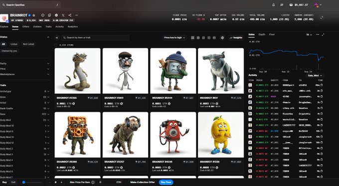 A screenshot of an NFT marketplace displaying the "BEARNOT" collection, featuring various 3D-rendered animal characters like lizards, sharks, and monsters in a grid layout.