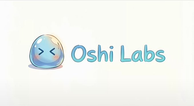 The image displays the "Oshi Labs" logo featuring a cute blue water droplet mascot with a happy facial expression, designed in an anime/manga art style. This branding aligns with the post's description of Oshi Labs as a Japanese anime/manga studio project within the JAPAN DAO ecosystem, visually reinforcing its kawaii aesthetic.