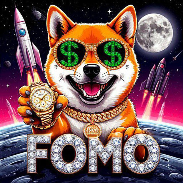 A vibrant digital artwork shows a smiling Shiba Inu dog wearing dollar-sign sunglasses and a gold "100K" pendant, holding a gold watch, surrounded by rockets and the large diamond-encrusted word "FOMO" against a space background.