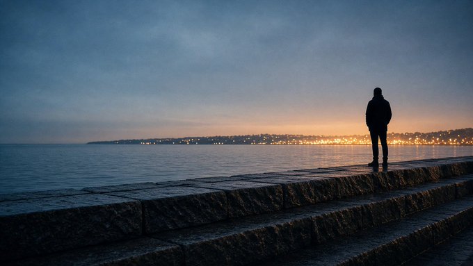 A silhouette of a person standing on stone steps looking out over a body of water toward distant city lights glowing on the horizon at dusk.