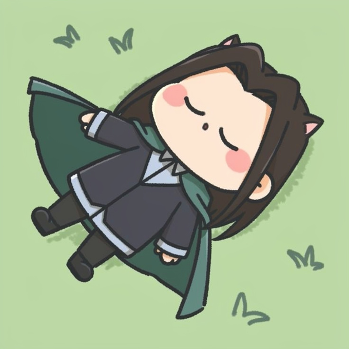 A chibi-style cartoon illustration of a brown-haired character in a dark coat with a green cape, peacefully sleeping against a light green background.