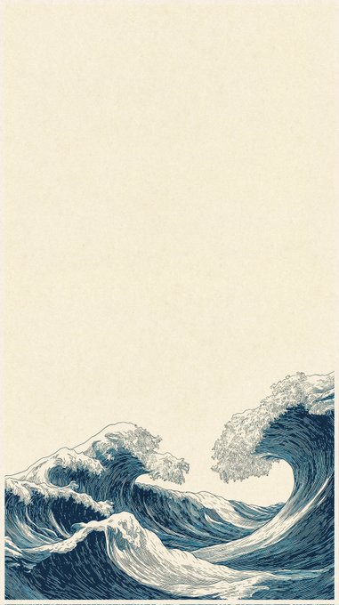 The image shows stylized blue ocean waves with white foam crashing, occupying only the bottom portion of an otherwise blank cream-colored canvas. This minimalist design complements the post's promotion of an NFT artwork titled "MA (間) #003 — Across the Silence," with the vast empty space evoking the "silence" referenced in the title.