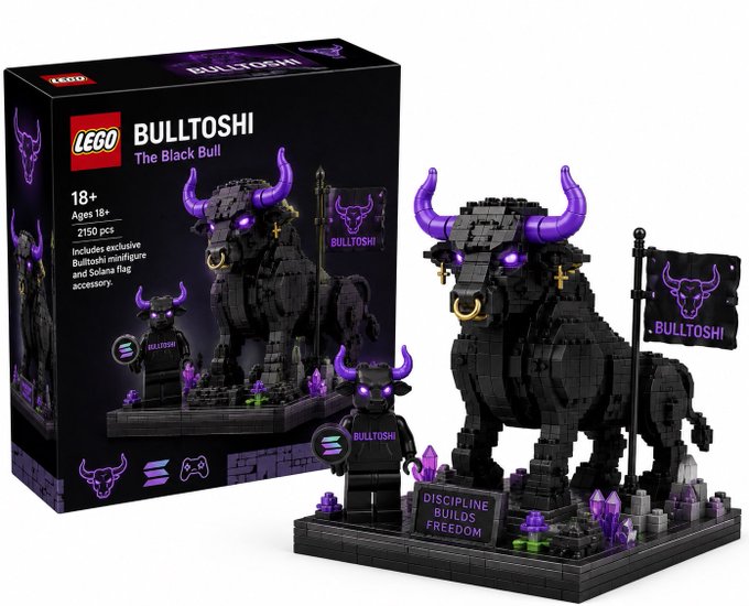 Product packaging for a LEGO set called 'BULLTOSHI The Black Bull' (2150 pcs, ages 18+), featuring a black bull with purple horns alongside a minifigure holding a flag, with a plaque reading 'DISCIPLINE BUILDS FREEDOM'.