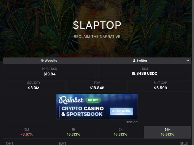A cryptocurrency tracking webpage for '$LAPTOP' token showing the tagline 'RECLAIM THE NARRATIVE', with a price of $19.94 USD, liquidity of $3.3M, FDV of $18.84B, and an advertisement banner for 'Rainbet' crypto casino.