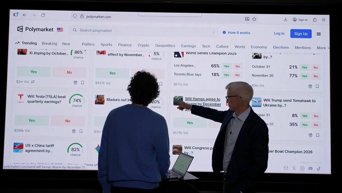 Two men examine a screen displaying the Polymarket website, which shows various market predictions such as "Xi Jinping by October" and "Will Hamas agree to disarm by December." The image illustrates the types of questions and data presented on the platform discussed in the accompanying post.