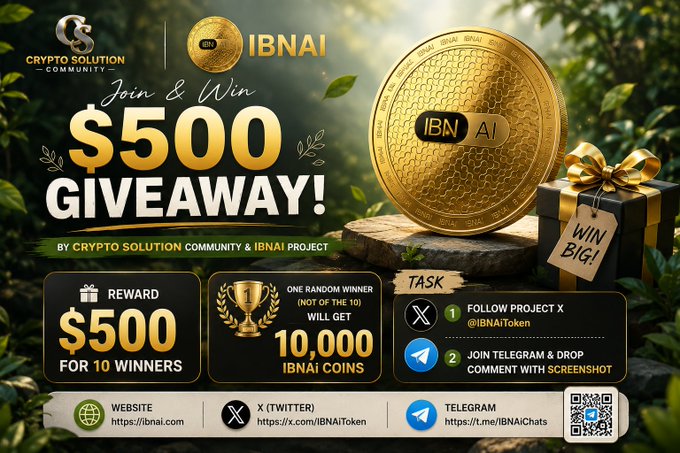 A "$500 Giveaway!" promotional graphic by Crypto Solution Community and the IBNAi Project, featuring a large gold IBNAi coin and gift box, advertising rewards of $500 for 10 winners plus 10,000 IBNAi coins for one random winner, with instructions to follow @IBNAiToken on X and join the Telegram at t.me/IBNAiChats.