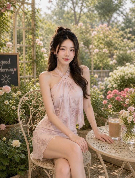 An AI-generated or stylized portrait of a young woman in a floral pink halter dress sitting at a white wrought-iron café table with an iced coffee, set in a rose garden with a 'Good Morning' chalkboard sign in the background.